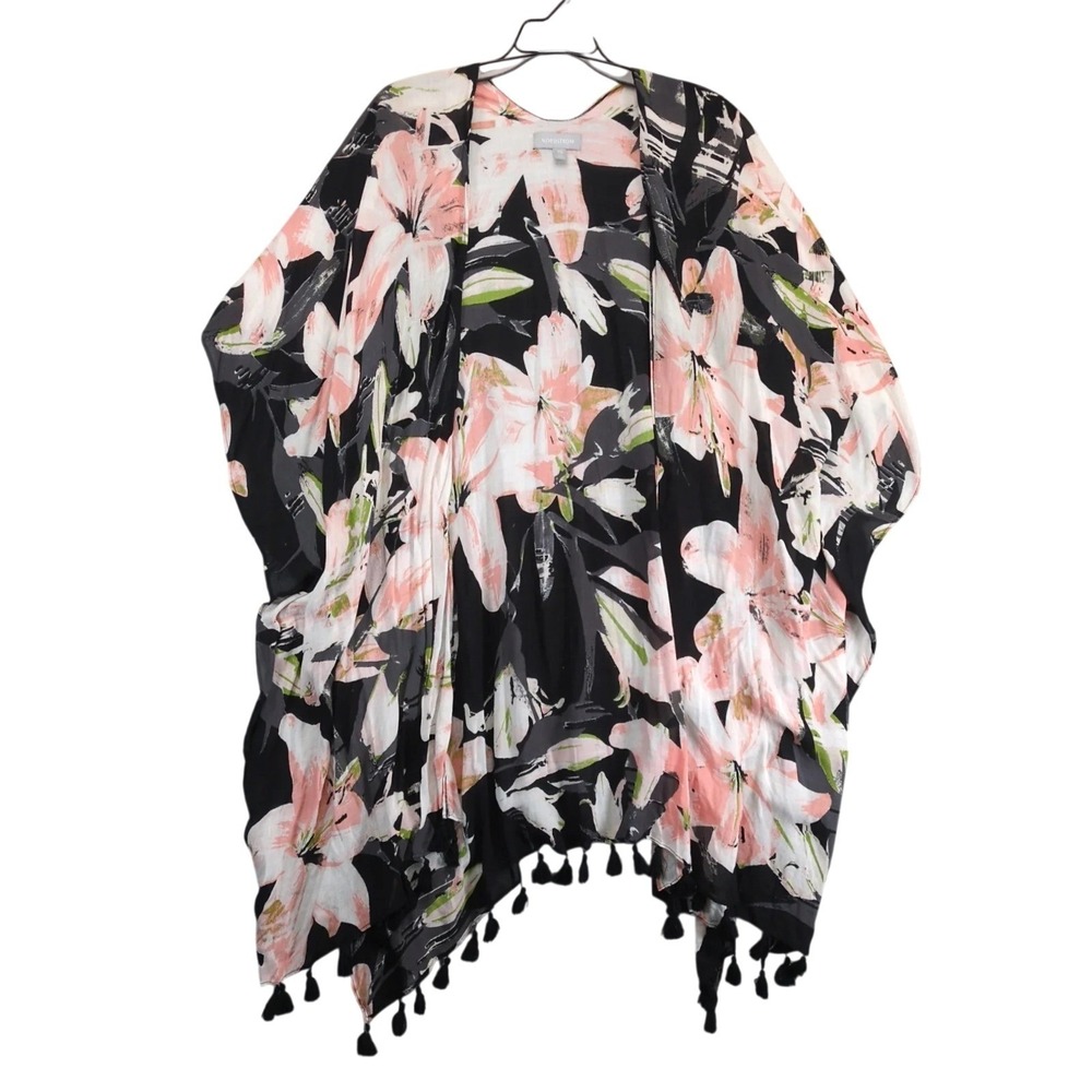 Nordstrom Floral Kimono Long Open Cardigan, One Size, Tassel Trim‎ Boho Festival